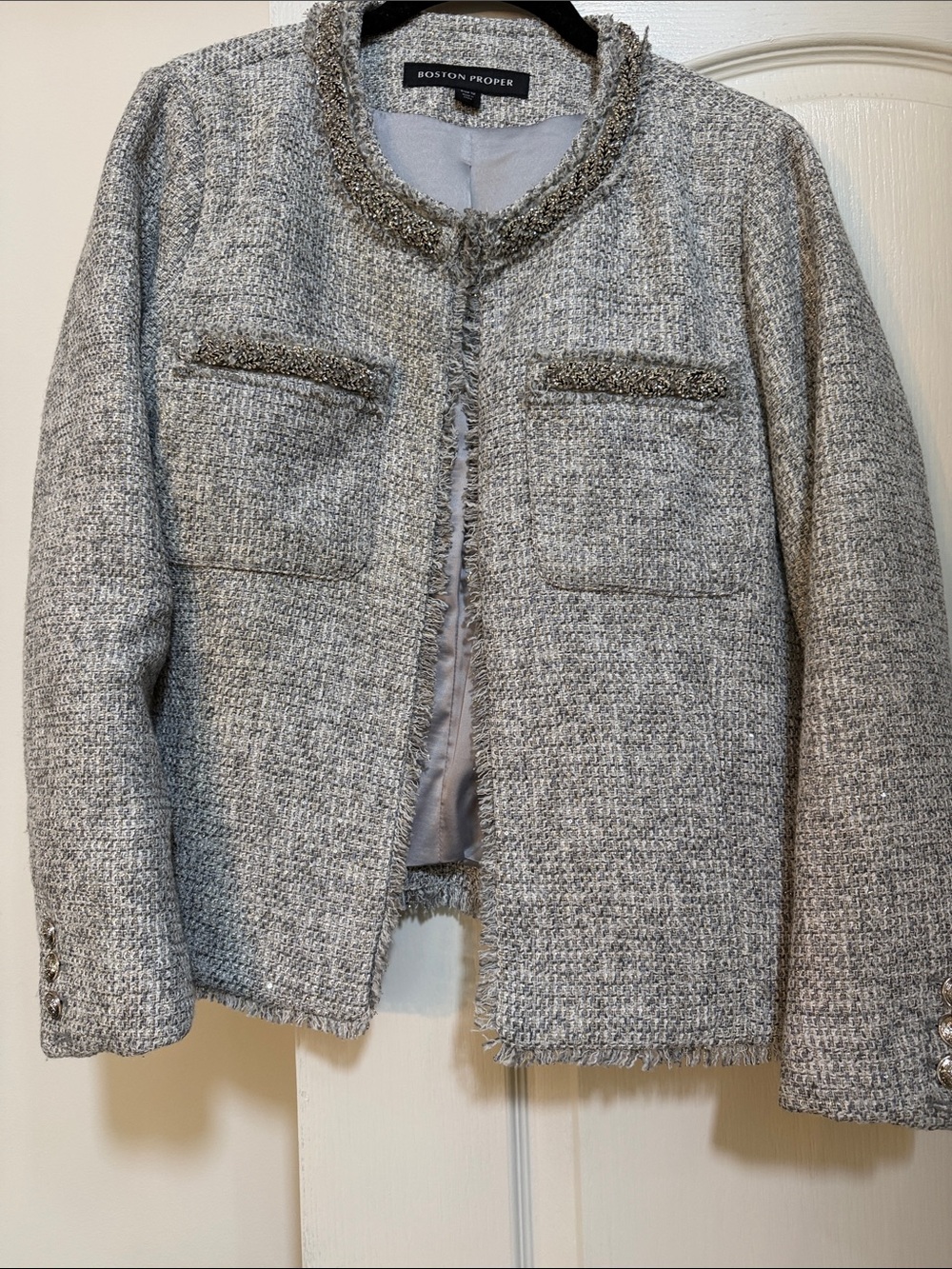 Boston Proper Light Gray Tweed Collarless Bouclé Jacket